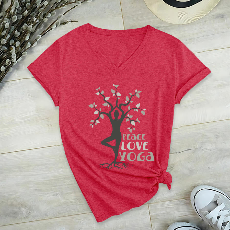 Olivenorma Peace Love Yoga Tree Pose Tree Of Life Graphic Women's V Neck T-Shirt - image 27