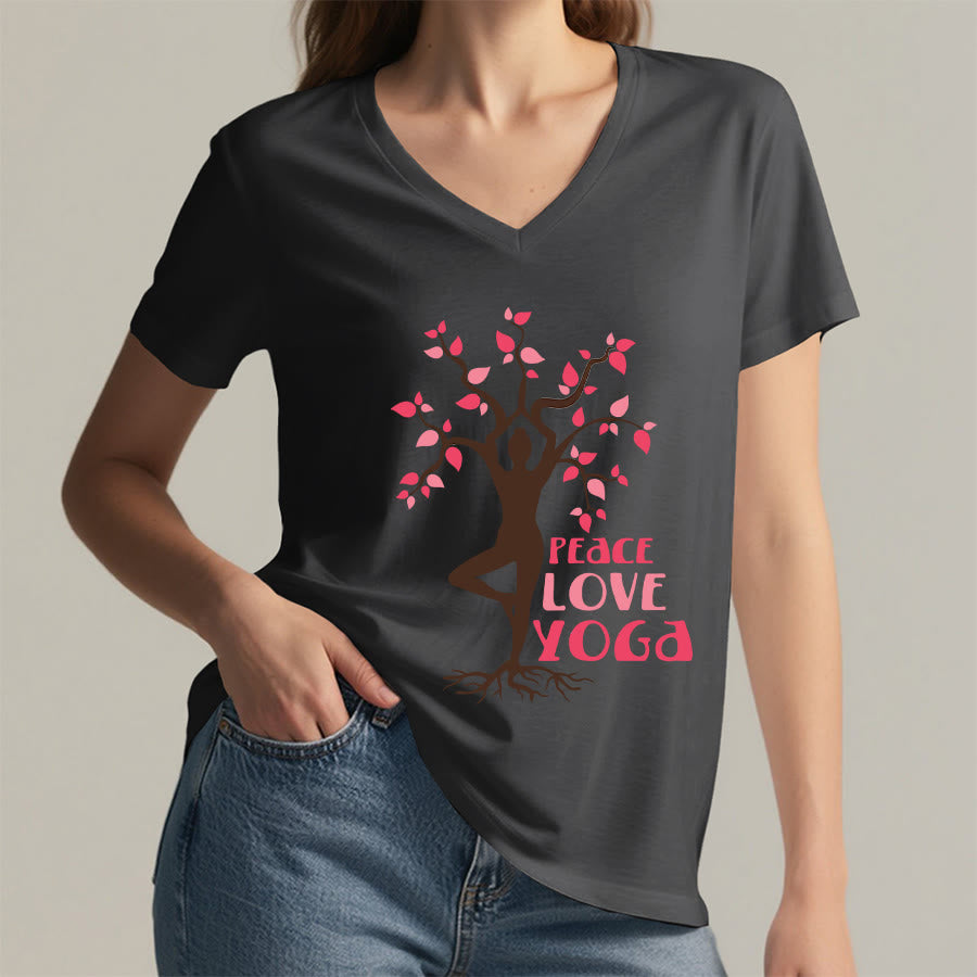 Olivenorma Peace Love Yoga Tree Pose Tree Of Life Graphic Women's V Neck T-Shirt - image 23