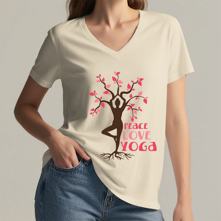 Olivenorma Peace Love Yoga Tree Pose Tree Of Life Graphic Women's V Neck T-Shirt - image 5