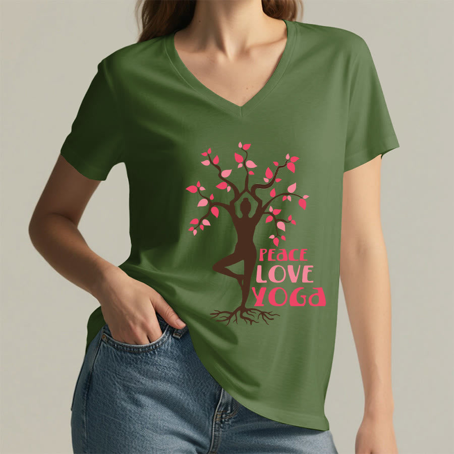 Olivenorma Peace Love Yoga Tree Pose Tree Of Life Graphic Women's V Neck T-Shirt - image 11
