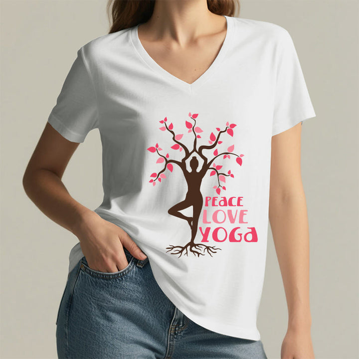 Olivenorma Peace Love Yoga Tree Pose Tree Of Life Graphic Women's V Neck T-Shirt - image 2