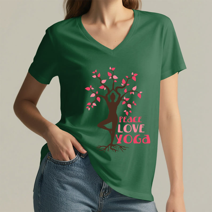 Olivenorma Peace Love Yoga Tree Pose Tree Of Life Graphic Women's V Neck T-Shirt - image 8