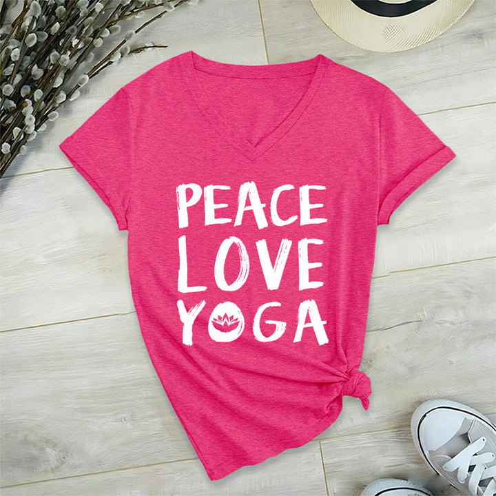 Olivenorma Peace Love Lotus Yoga Text Graphic Women's V Neck T-Shirt - Rose Red - 2XL - image 3