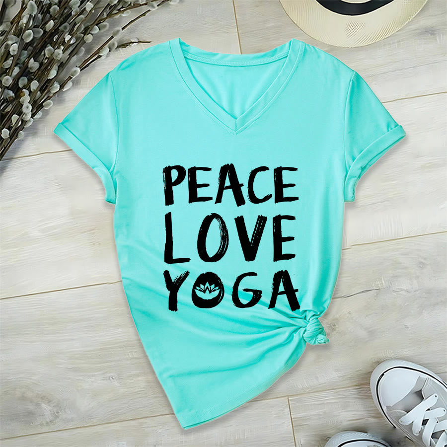 Olivenorma Peace Love Lotus Yoga Text Graphic Women's V Neck T-Shirt - Lake Blue - 2XL - image 18