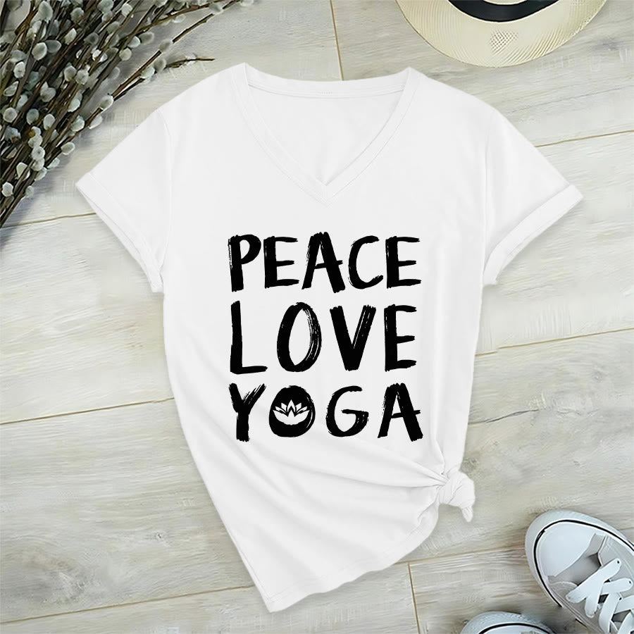 Olivenorma Peace Love Lotus Yoga Text Graphic Women's V Neck T-Shirt - White - 2XL - image 24