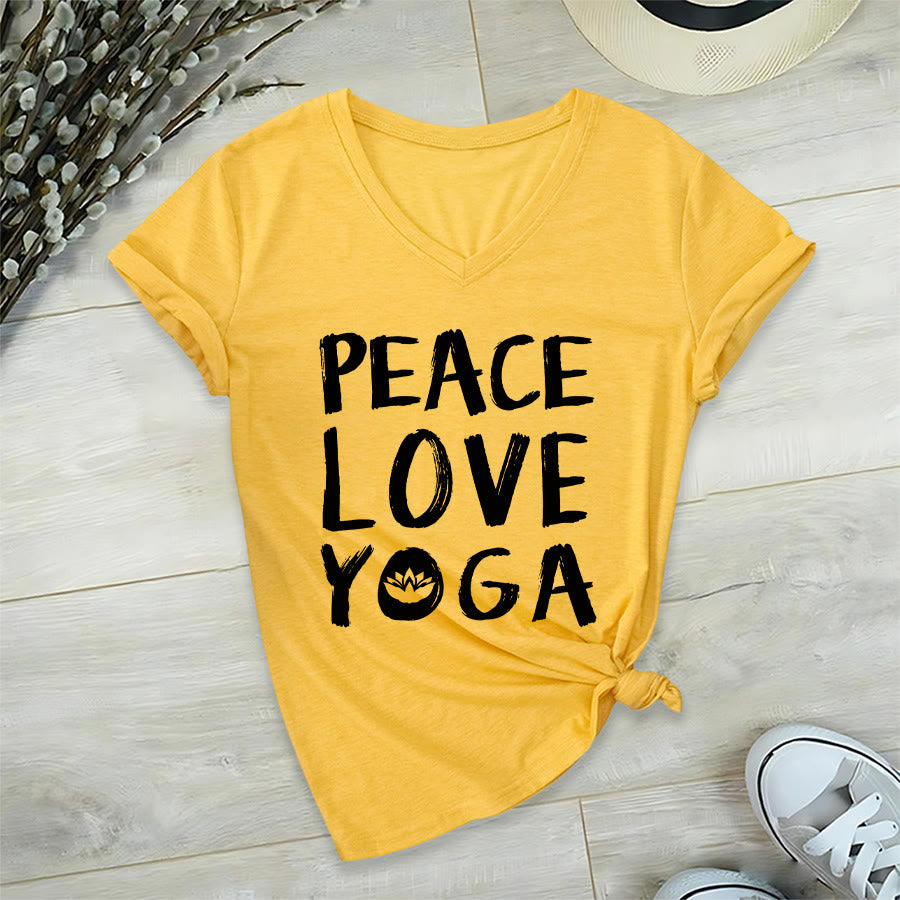Olivenorma Peace Love Lotus Yoga Text Graphic Women's V Neck T-Shirt - Yellow - 2XL - image 33