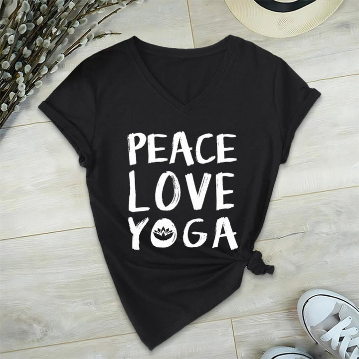Olivenorma Peace Love Lotus Yoga Text Graphic Women's V Neck T-Shirt - Black - 2XL - image 0