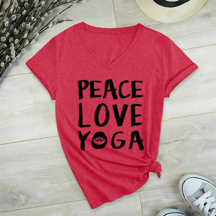 Olivenorma Peace Love Lotus Yoga Text Graphic Women's V Neck T-Shirt - Red - 2XL - image 30
