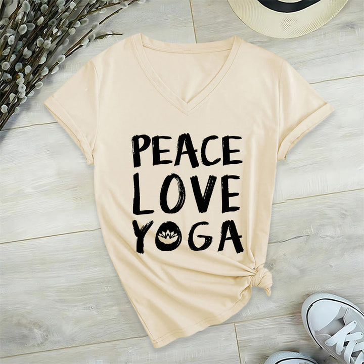 Olivenorma Peace Love Lotus Yoga Text Graphic Women's V Neck T-Shirt - Khaki - 2XL - image 12