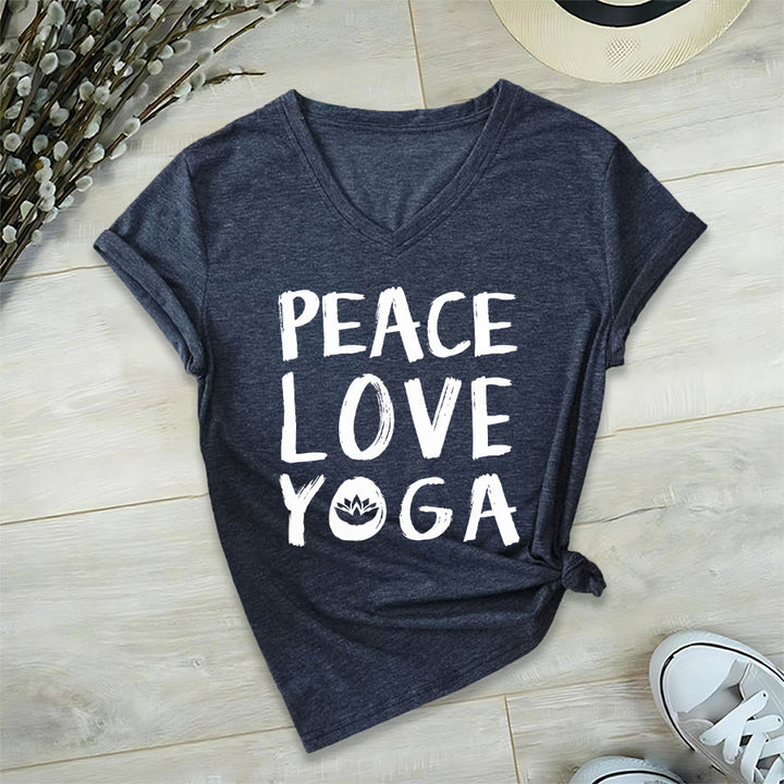 Olivenorma Peace Love Lotus Yoga Text Graphic Women's V Neck T-Shirt - Navy Blue - 2XL - image 27