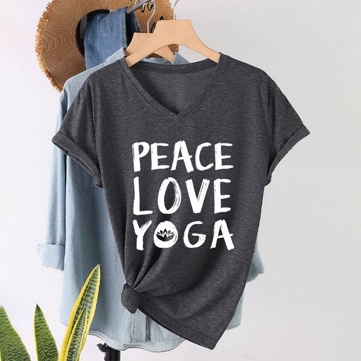 Olivenorma Peace Love Lotus Yoga Text Graphic Women's V Neck T-Shirt - image 22