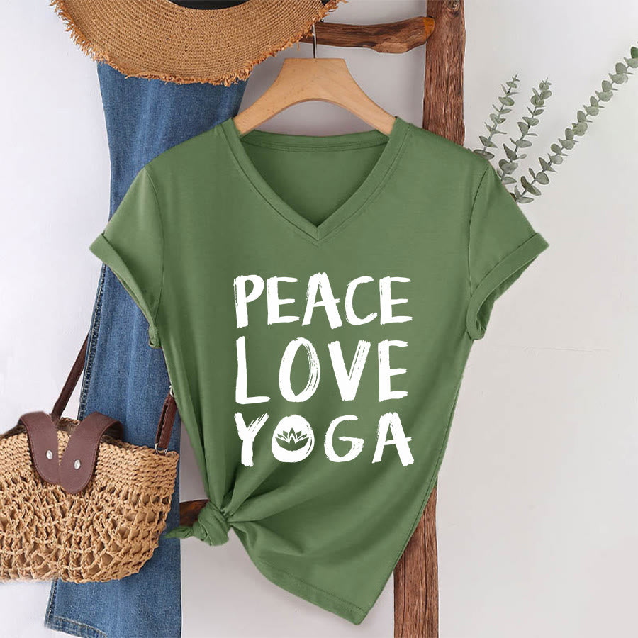 Olivenorma Peace Love Lotus Yoga Text Graphic Women's V Neck T-Shirt - image 10