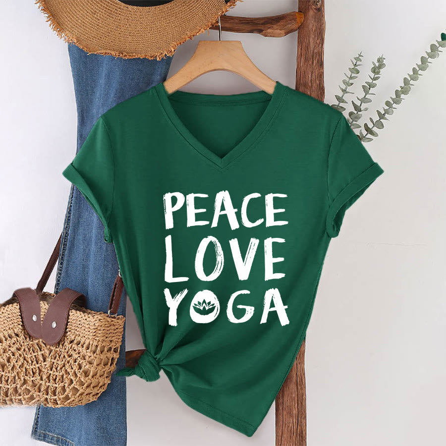 Olivenorma Peace Love Lotus Yoga Text Graphic Women's V Neck T-Shirt - image 7