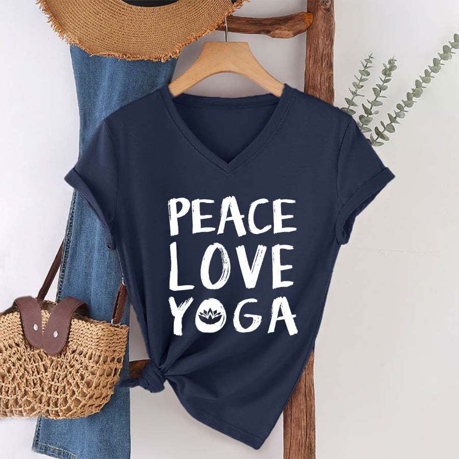 Olivenorma Peace Love Lotus Yoga Text Graphic Women's V Neck T-Shirt - image 28