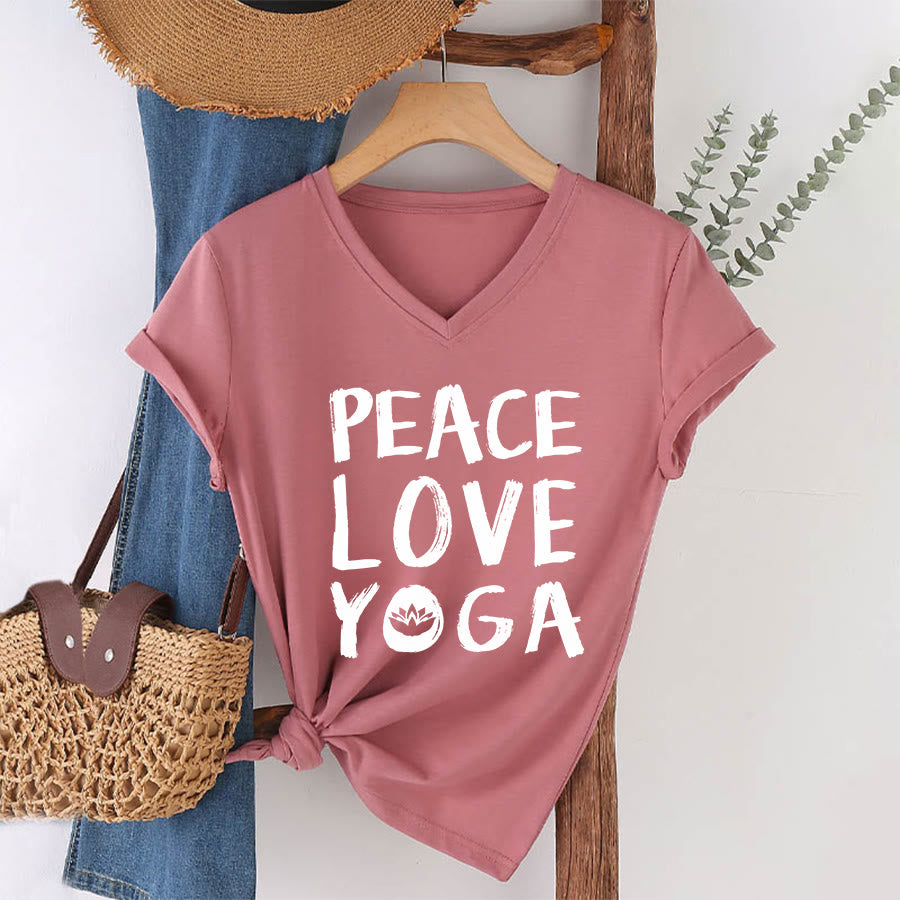 Olivenorma Peace Love Lotus Yoga Text Graphic Women's V Neck T-Shirt - image 16