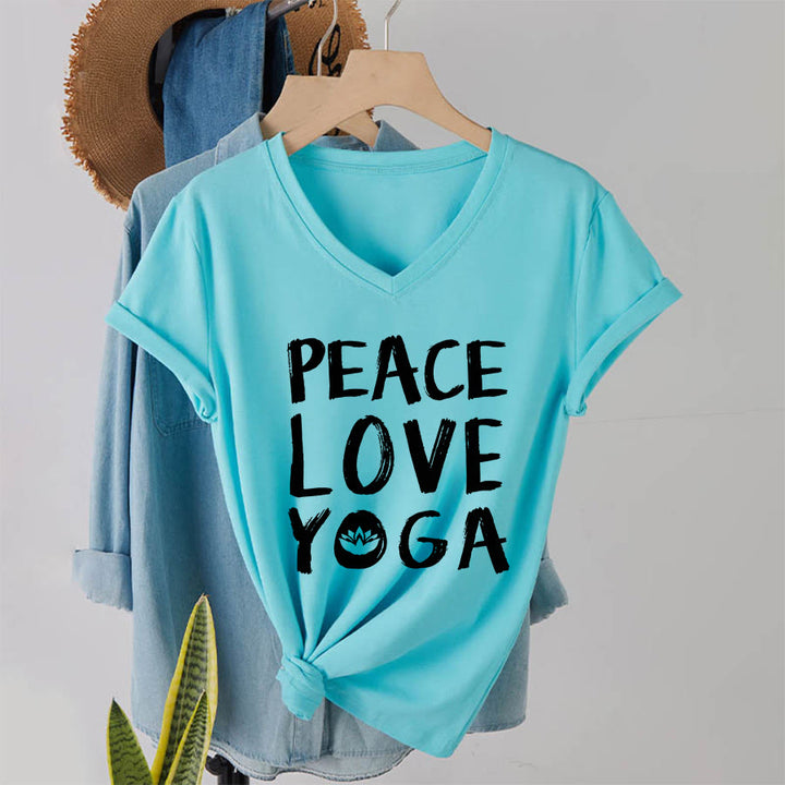 Olivenorma Peace Love Lotus Yoga Text Graphic Women's V Neck T-Shirt - image 19