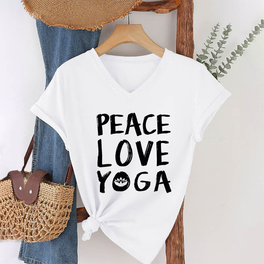 Olivenorma Peace Love Lotus Yoga Text Graphic Women's V Neck T-Shirt - image 25