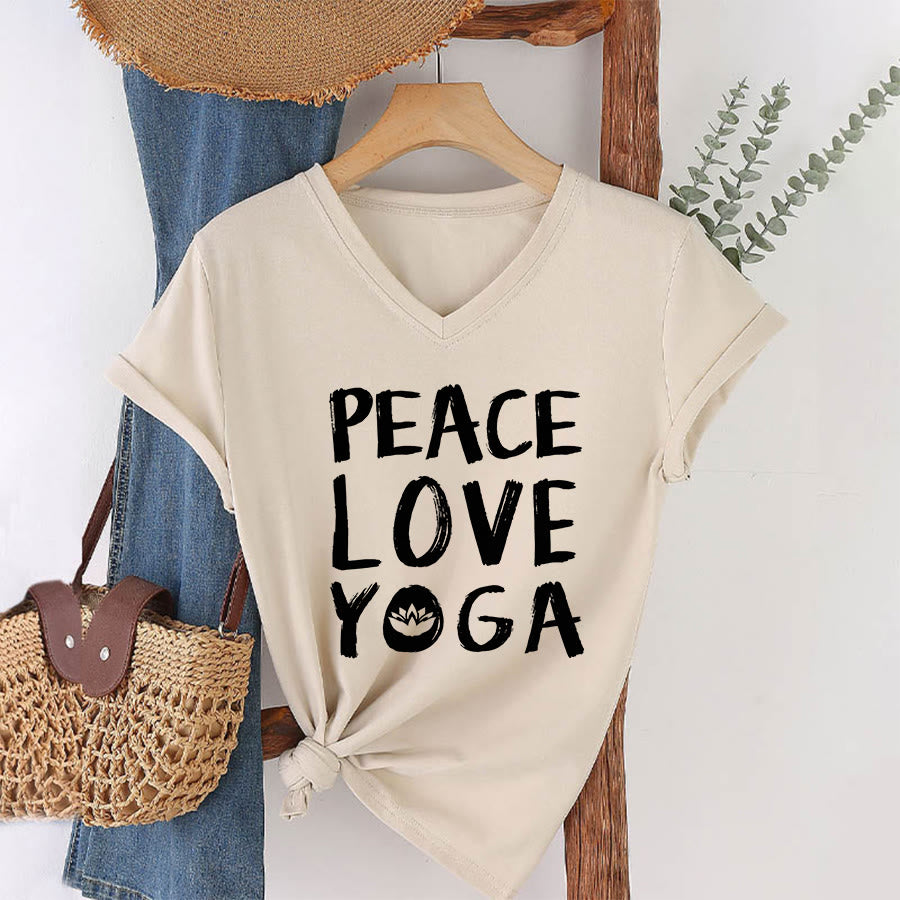 Olivenorma Peace Love Lotus Yoga Text Graphic Women's V Neck T-Shirt - image 13