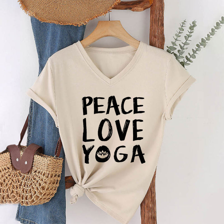 Olivenorma Peace Love Lotus Yoga Text Graphic Women's V Neck T-Shirt - image 13