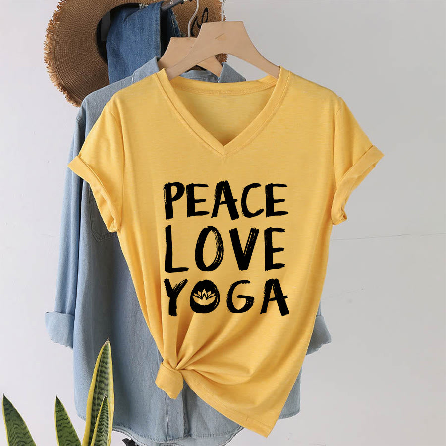 Olivenorma Peace Love Lotus Yoga Text Graphic Women's V Neck T-Shirt - image 34