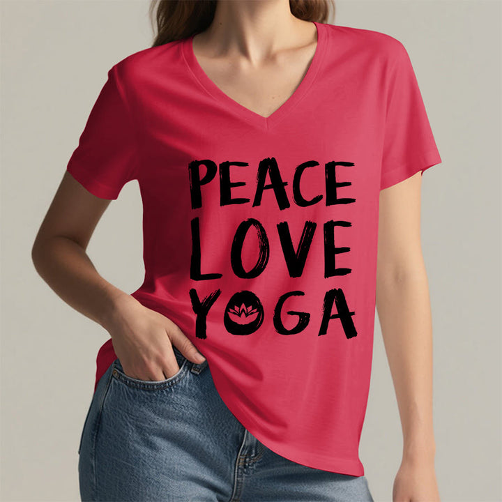 Olivenorma Peace Love Lotus Yoga Text Graphic Women's V Neck T-Shirt - image 32