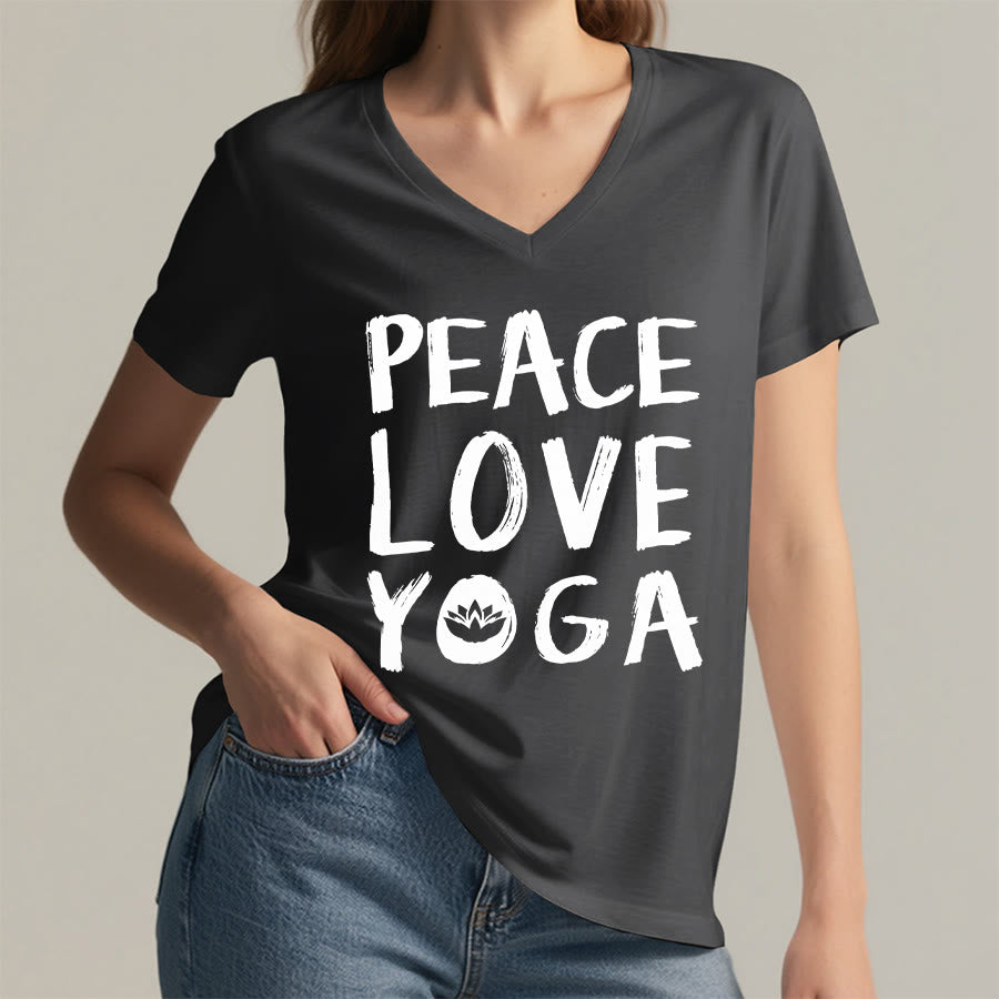 Olivenorma Peace Love Lotus Yoga Text Graphic Women's V Neck T-Shirt - image 23