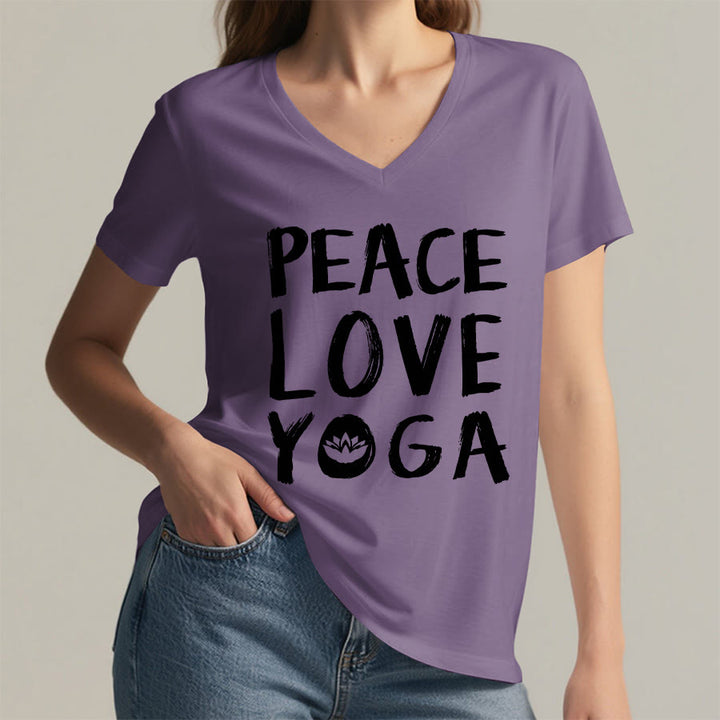 Olivenorma Peace Love Lotus Yoga Text Graphic Women's V Neck T-Shirt - image 38