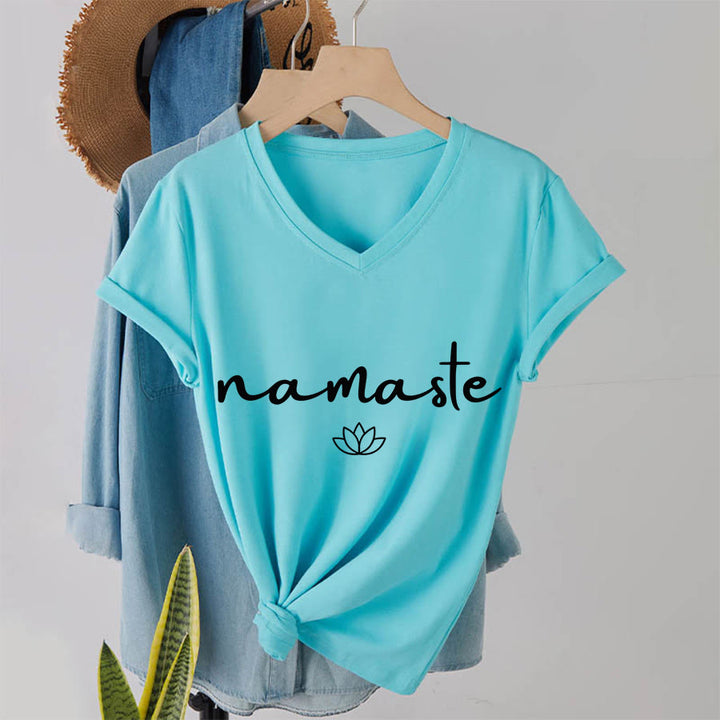 Olivenorma Cursive Namaste Simple Outline Lotus Zen Graphic Women's V Neck T-Shirt - Lake Blue - 2XL - image 16