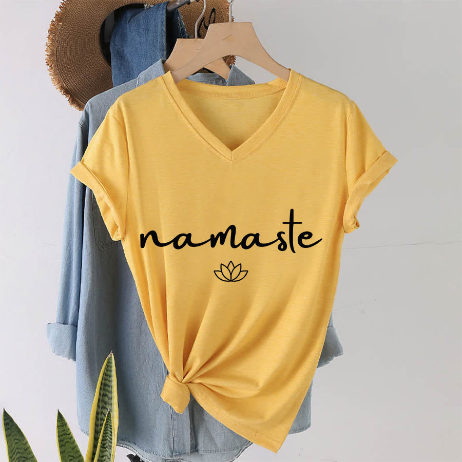 Olivenorma Cursive Namaste Simple Outline Lotus Zen Graphic Women's V Neck T-Shirt - Yellow - 2XL - image 31