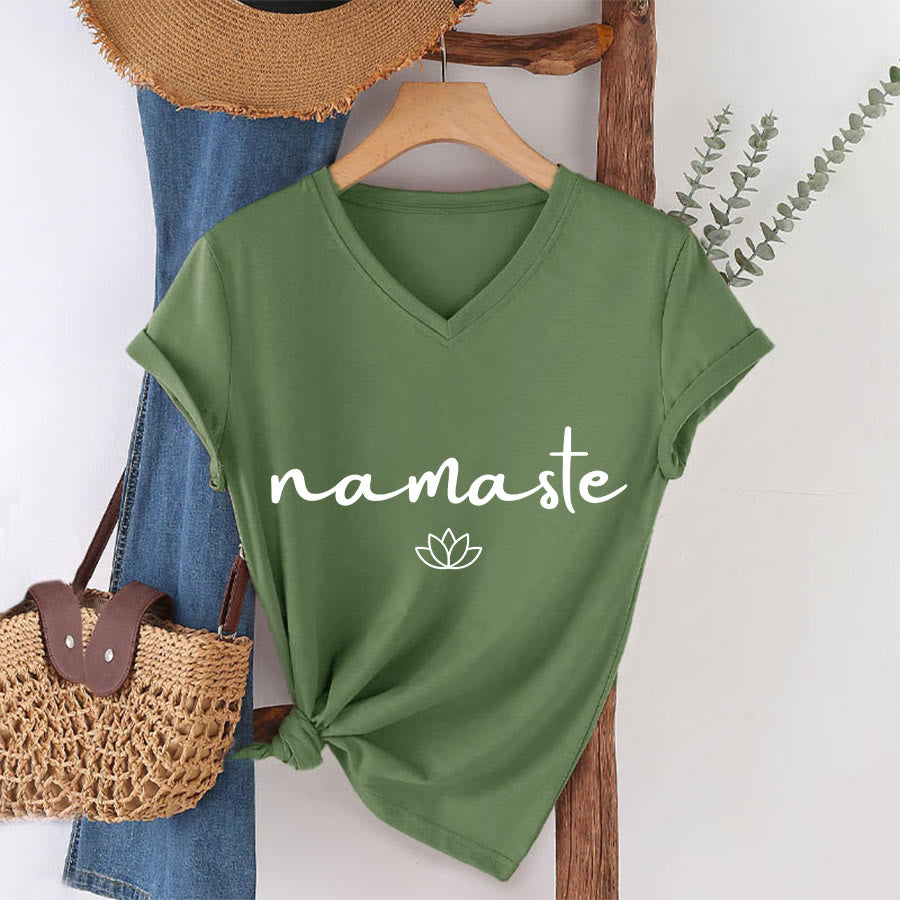 Olivenorma Cursive Namaste Simple Outline Lotus Zen Graphic Women's V Neck T-Shirt - Olive Green - 2XL - image 1