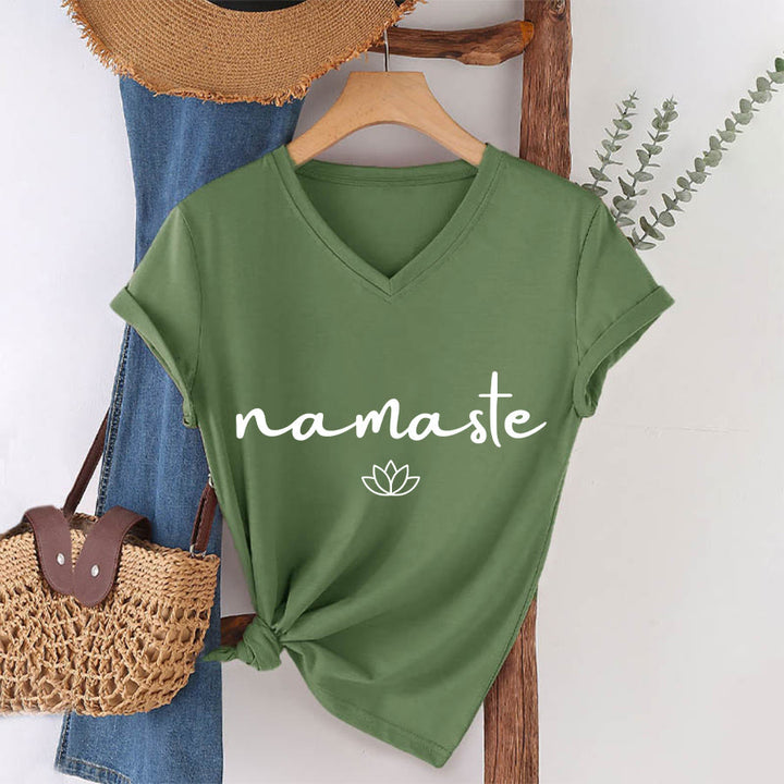 Olivenorma Cursive Namaste Simple Outline Lotus Zen Graphic Women's V Neck T-Shirt - Olive Green - 2XL - image 1