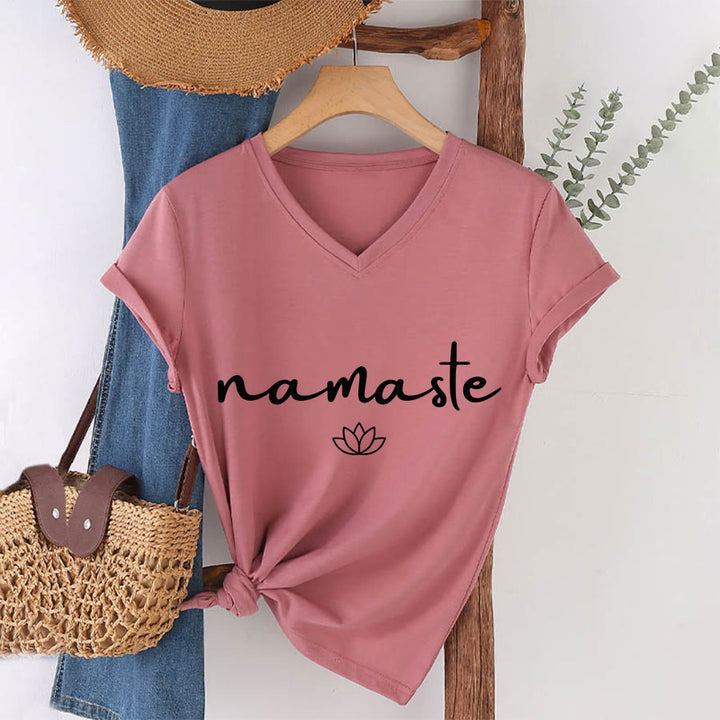 Olivenorma Cursive Namaste Simple Outline Lotus Zen Graphic Women's V Neck T-Shirt - Pink - 2XL - image 13