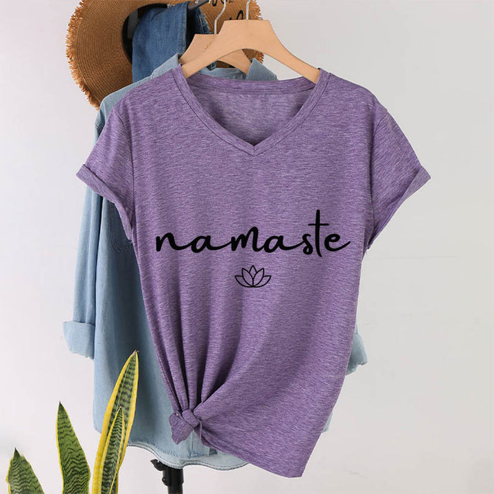 Olivenorma Cursive Namaste Simple Outline Lotus Zen Graphic Women's V Neck T-Shirt - Purple - 2XL - image 37