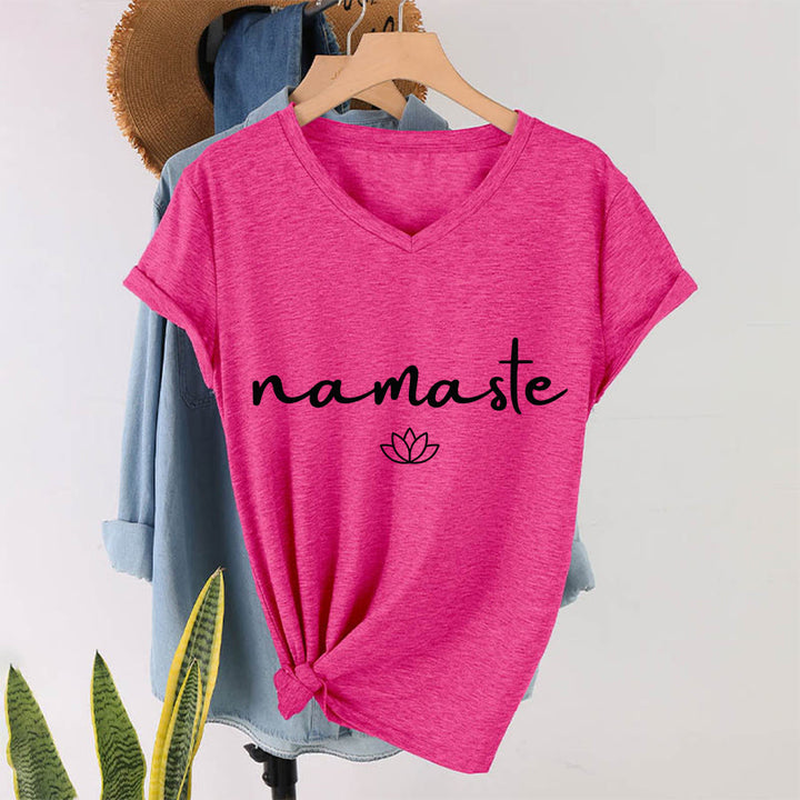 Olivenorma Cursive Namaste Simple Outline Lotus Zen Graphic Women's V Neck T-Shirt - Rose Red - 2XL - image 34