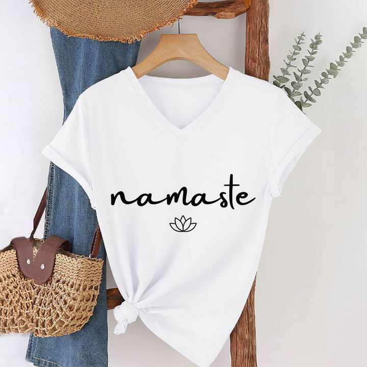 Olivenorma Cursive Namaste Simple Outline Lotus Zen Graphic Women's V Neck T-Shirt - White - 2XL - image 22