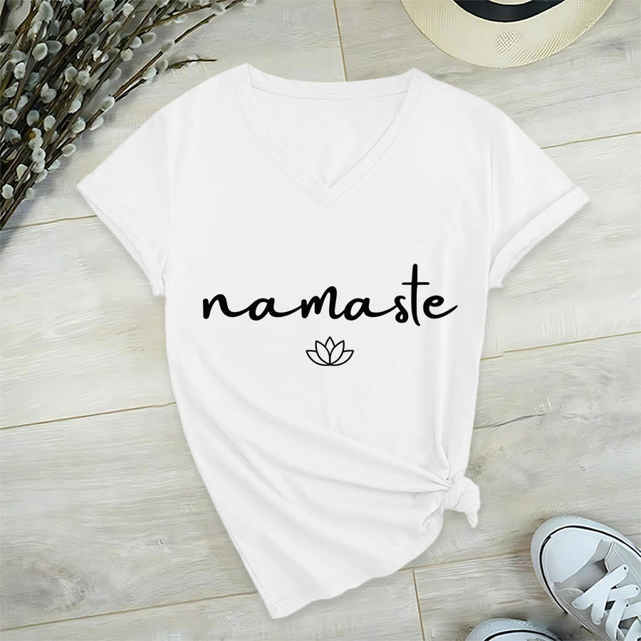 Olivenorma Cursive Namaste Simple Outline Lotus Zen Graphic Women's V Neck T-Shirt - image 21