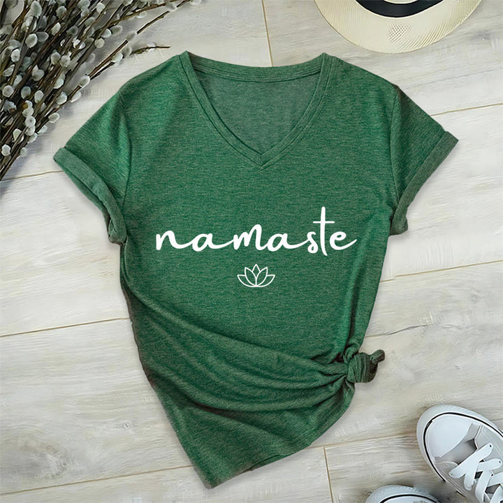 Olivenorma Cursive Namaste Simple Outline Lotus Zen Graphic Women's V Neck T-Shirt - image 6