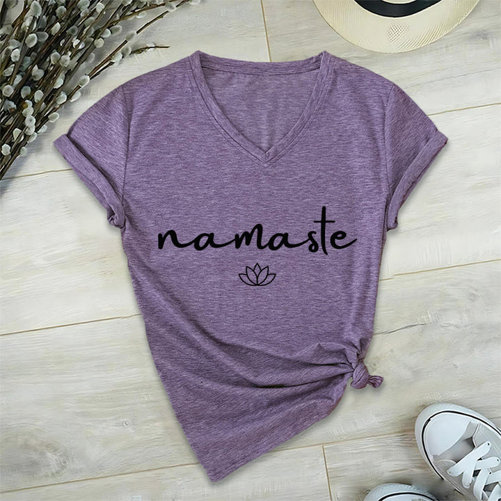 Olivenorma Cursive Namaste Simple Outline Lotus Zen Graphic Women's V Neck T-Shirt - image 36