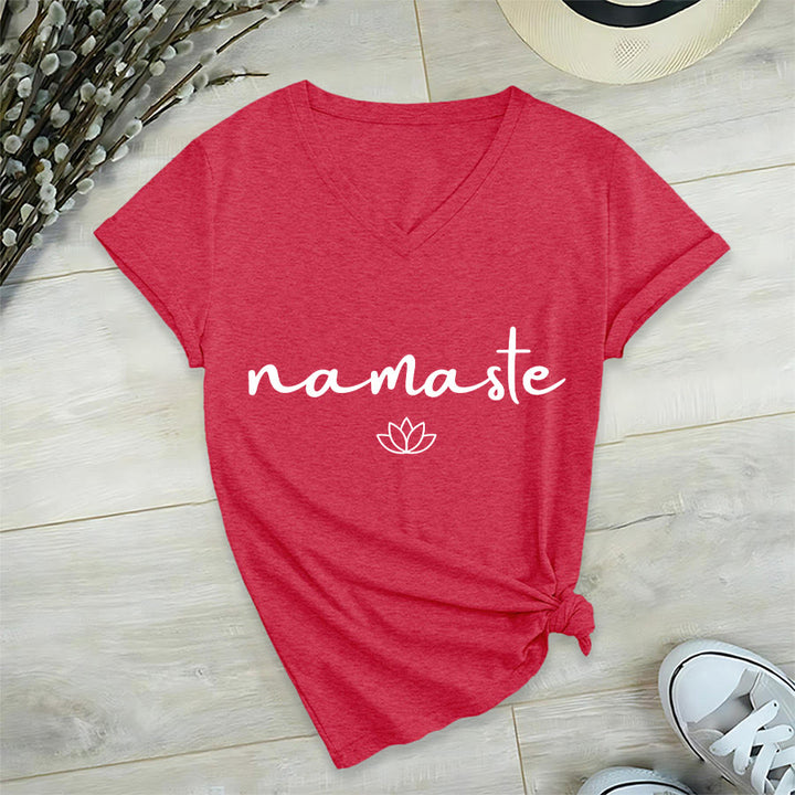 Olivenorma Cursive Namaste Simple Outline Lotus Zen Graphic Women's V Neck T-Shirt - image 27