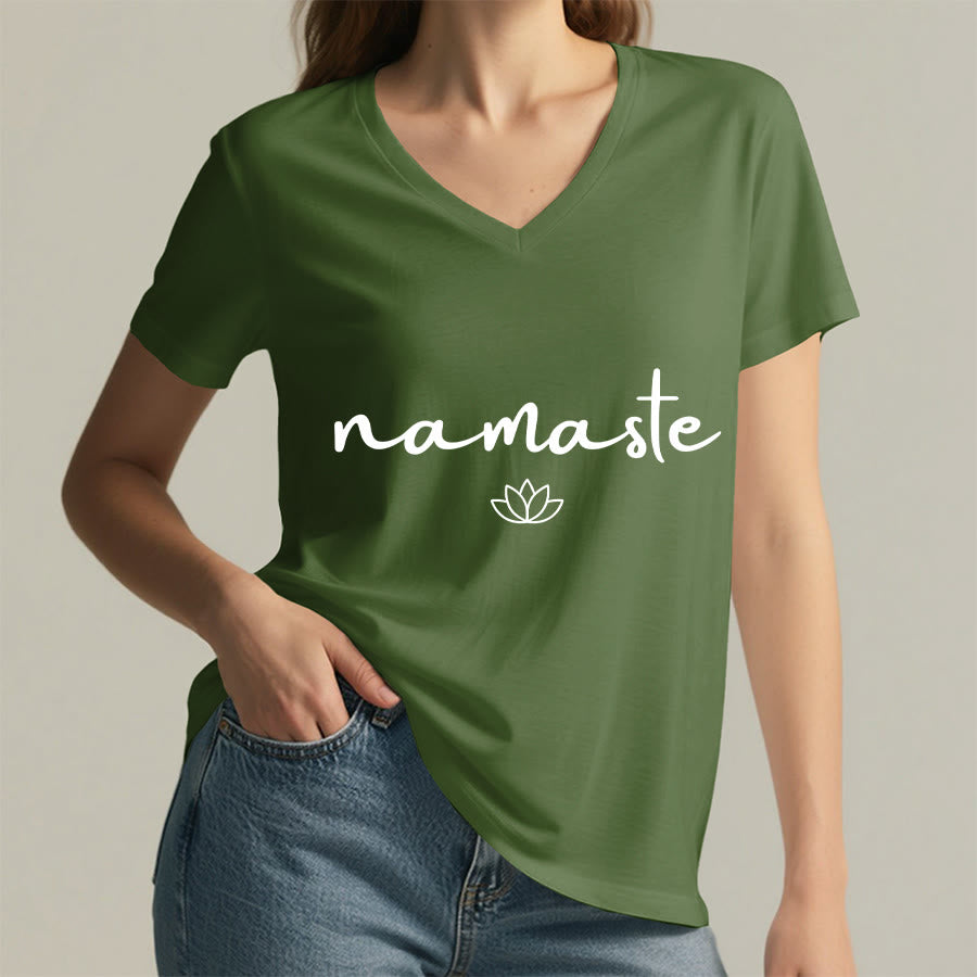 Olivenorma Cursive Namaste Simple Outline Lotus Zen Graphic Women's V Neck T-Shirt - image 2