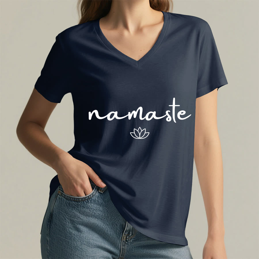 Olivenorma Cursive Namaste Simple Outline Lotus Zen Graphic Women's V Neck T-Shirt - image 26