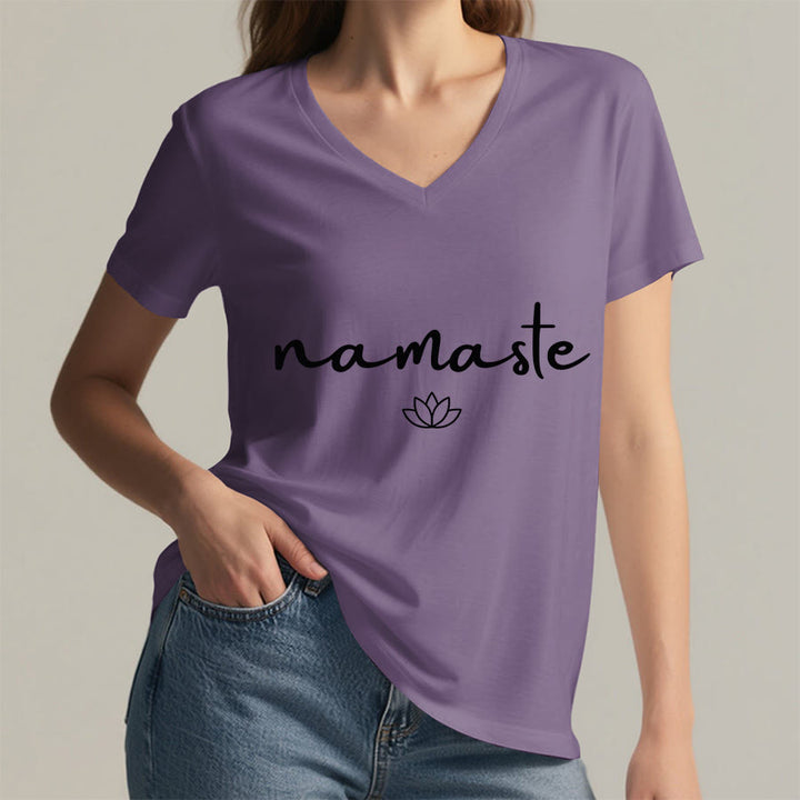 Olivenorma Cursive Namaste Simple Outline Lotus Zen Graphic Women's V Neck T-Shirt - image 38