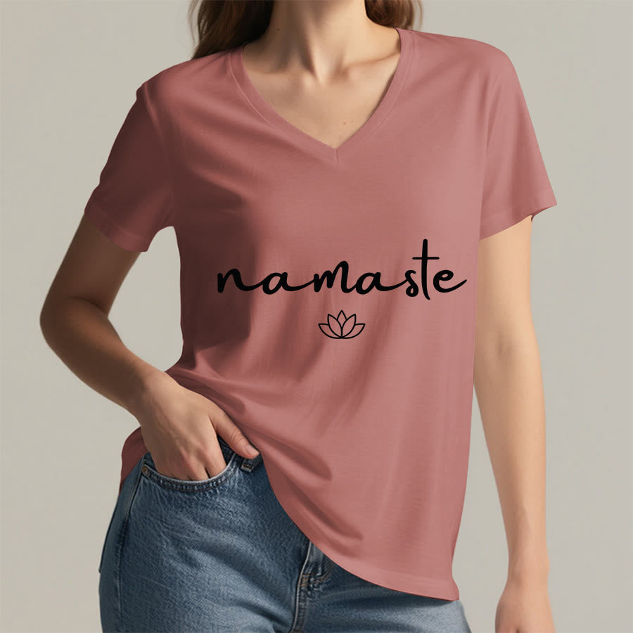 Olivenorma Cursive Namaste Simple Outline Lotus Zen Graphic Women's V Neck T-Shirt - image 14