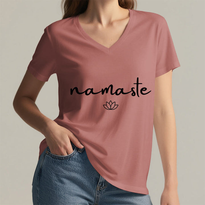 Olivenorma Cursive Namaste Simple Outline Lotus Zen Graphic Women's V Neck T-Shirt - image 14