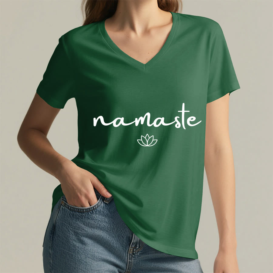 Olivenorma Cursive Namaste Simple Outline Lotus Zen Graphic Women's V Neck T-Shirt - image 8