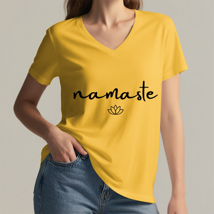 Olivenorma Cursive Namaste Simple Outline Lotus Zen Graphic Women's V Neck T-Shirt - image 32