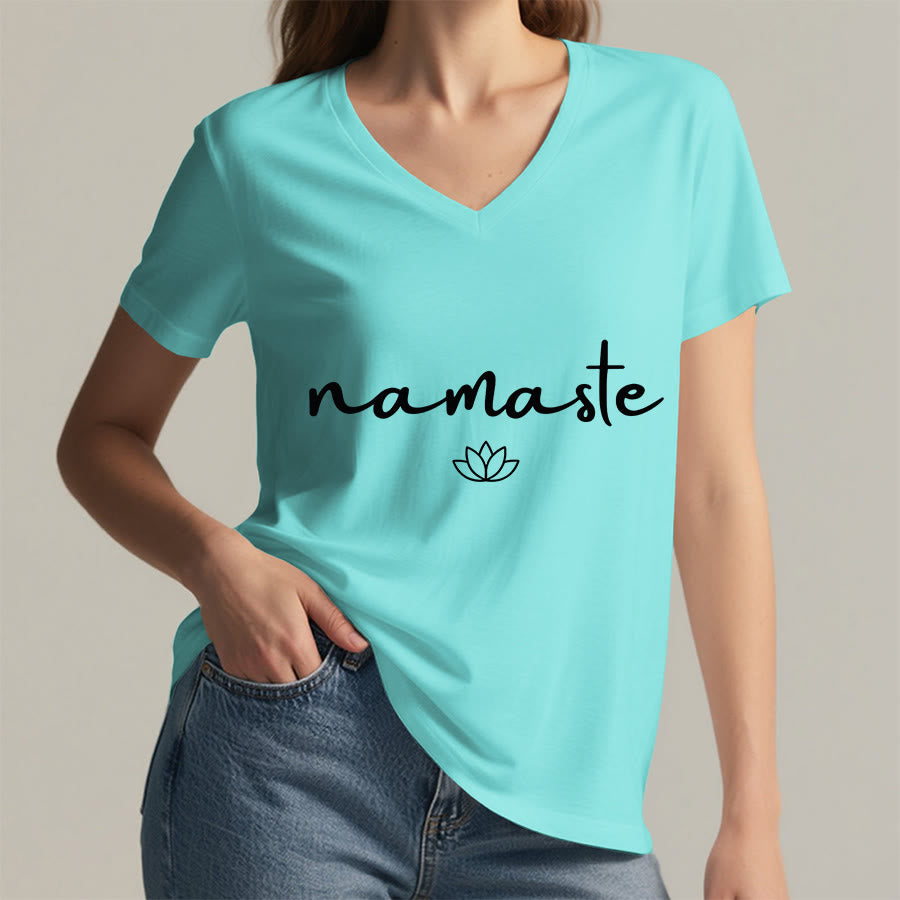 Olivenorma Cursive Namaste Simple Outline Lotus Zen Graphic Women's V Neck T-Shirt - image 17