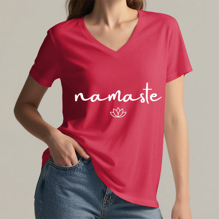 Olivenorma Cursive Namaste Simple Outline Lotus Zen Graphic Women's V Neck T-Shirt - image 29