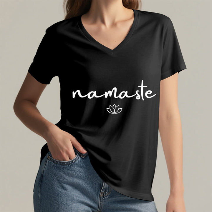 Olivenorma Cursive Namaste Simple Outline Lotus Zen Graphic Women's V Neck T-Shirt - image 5
