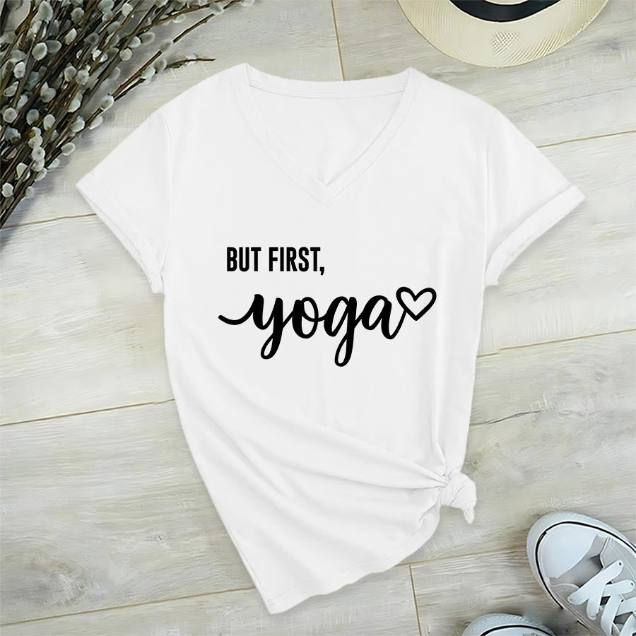 Olivenorma But First Yoga Heart Accent Cursive Text Graphic Women's V Neck T-Shirt - White - 2XL - image 21